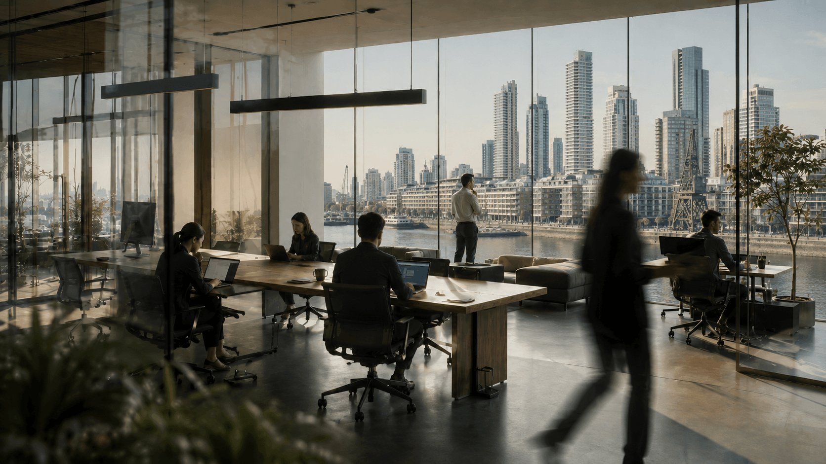Push N Pull team working in an office overlooking Puerto Madero
